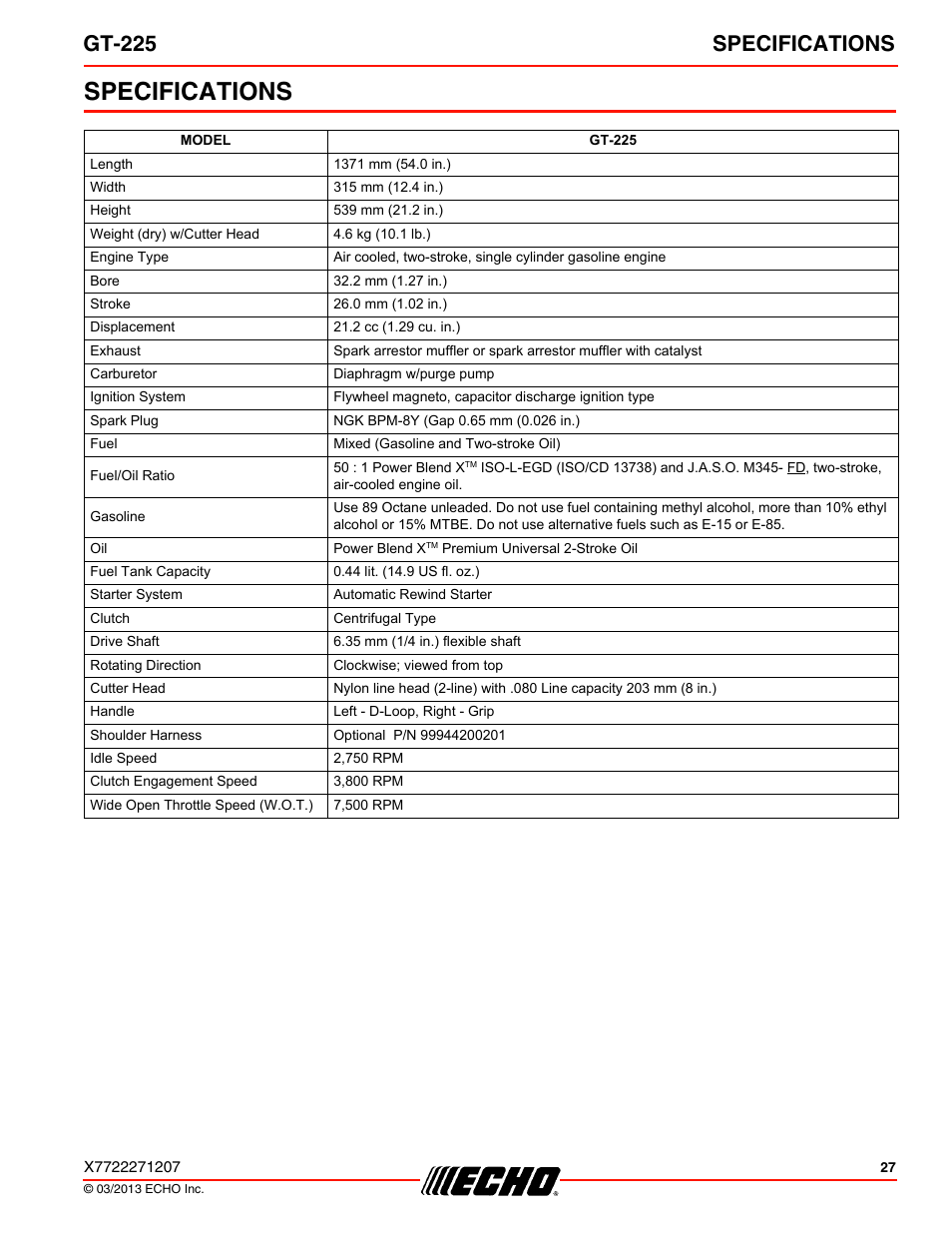 Specifications, Gt-225 specifications | Echo GT-225 User Manual | Page 27 / 32