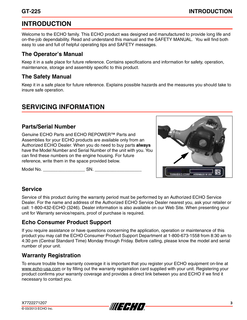 Introduction, Servicing information | Echo GT-225 User Manual | Page 3 / 32