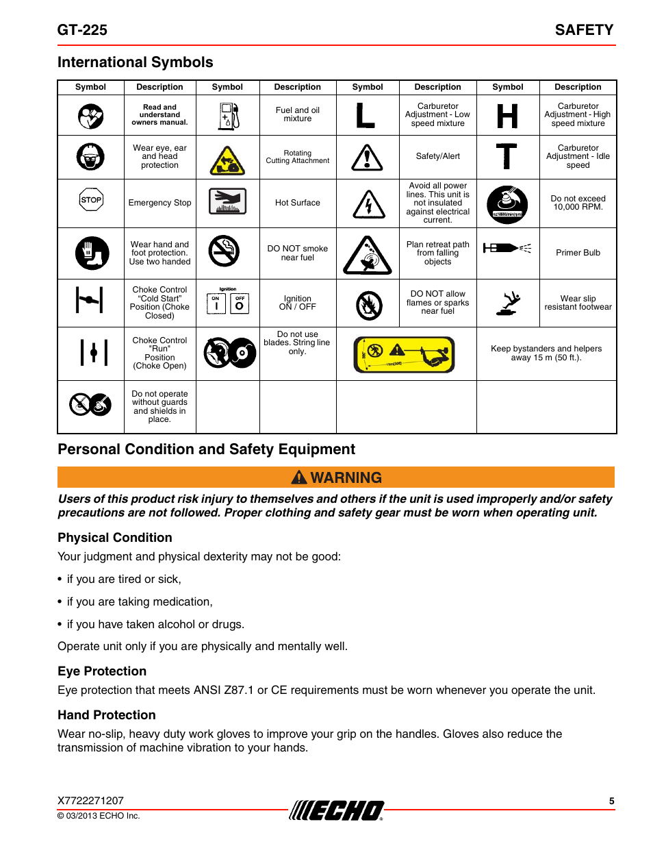 Gt-225 safety, Physical condition, Eye protection | Hand protection | Echo GT-225 User Manual | Page 5 / 32