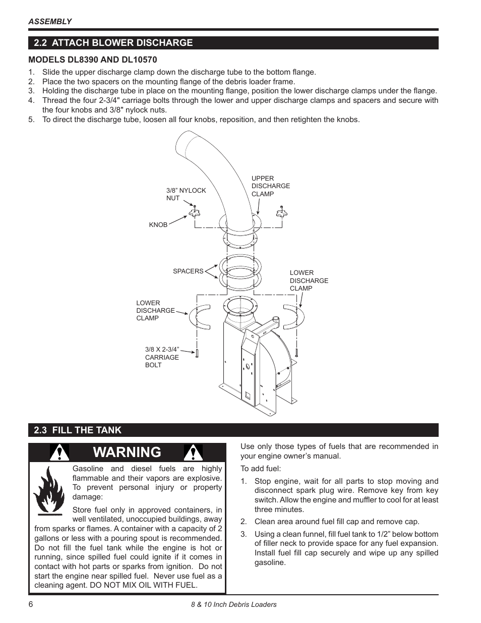 2 attach blower discharge, 3 fill the tank, 2 attach blower discharge 2.3 fill the tank | Warning | Echo DL10570 Owners Manual v.4 User Manual | Page 10 / 20