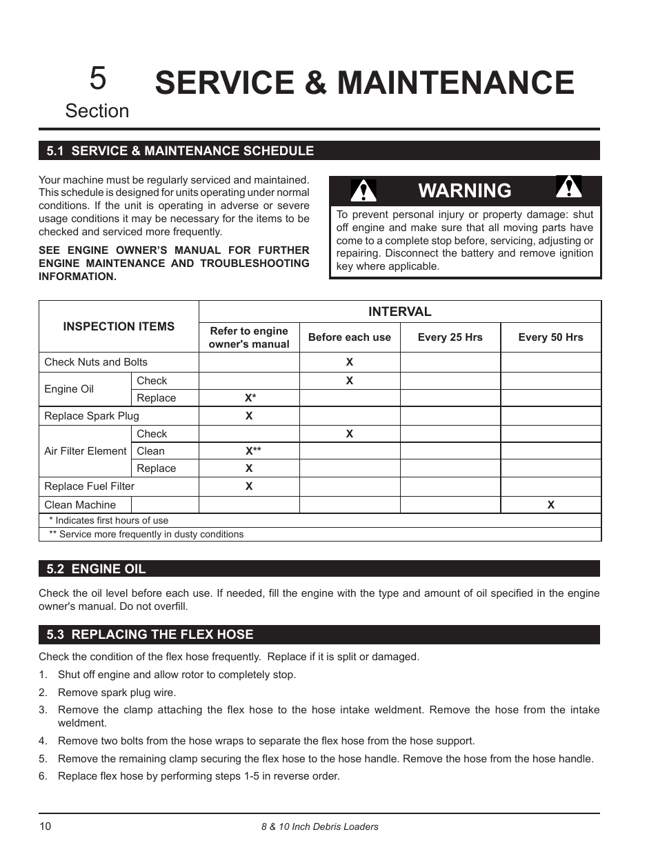 Service & maintenance, 1 service & maintenance schedule, 2 engine oil | 3 replacing the flex hose, Service & maintenance 5, Warning | Echo DL10570 Owners Manual v.4 User Manual | Page 14 / 20