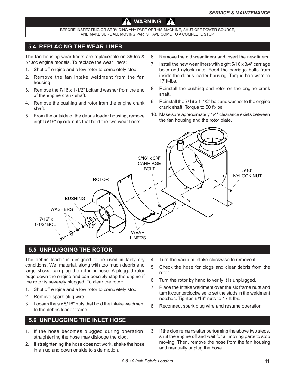 4 replacing the wear liner, 5 unplugging the rotor, 6 unplugging the inlet hose | Echo DL10570 Owners Manual v.3 User Manual | Page 15 / 19