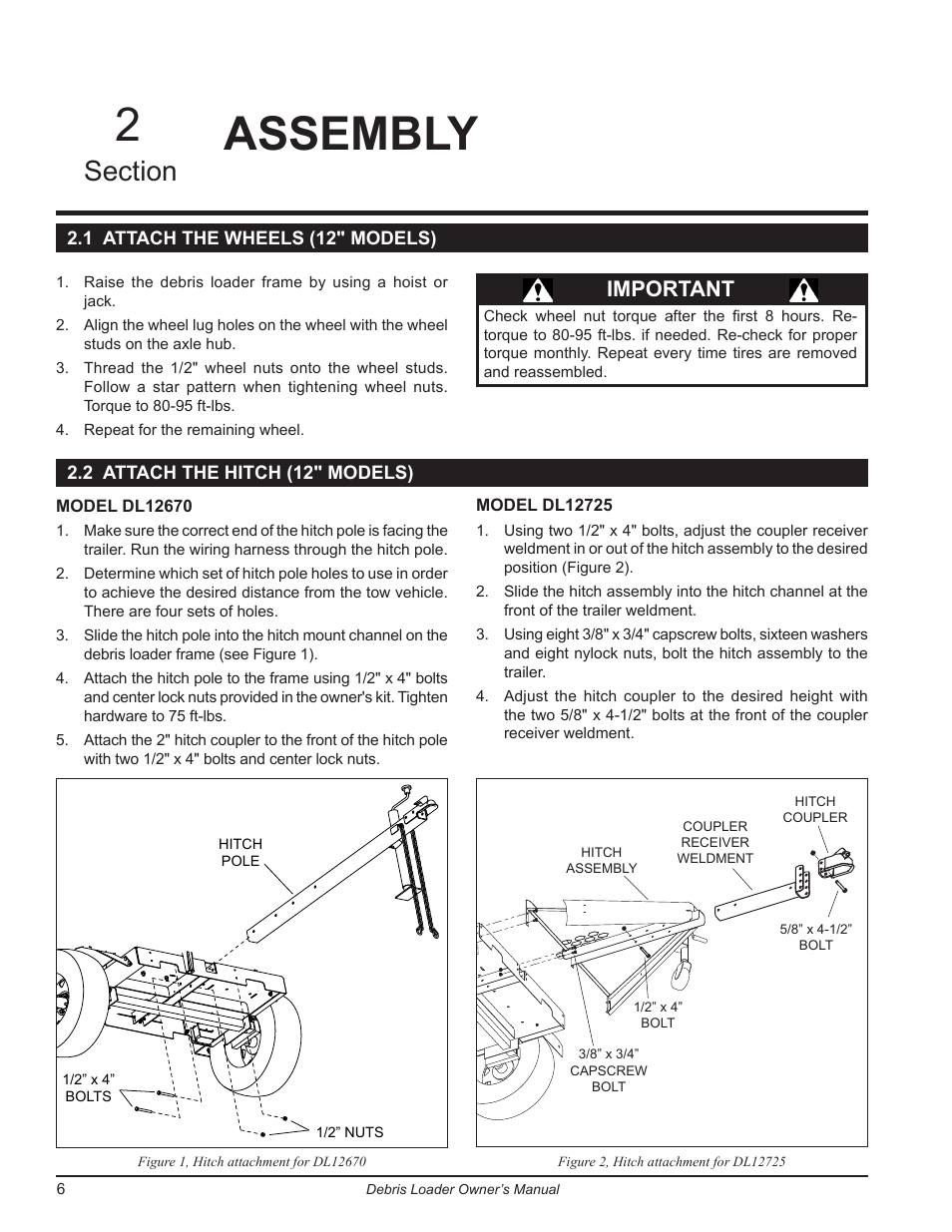 Assembly, 1 attach the wheels (12" models), 2 attach the hitch (12" models) | Assembly 2, Important | Echo DL10570 Owners Manual v.2 User Manual | Page 10 / 27