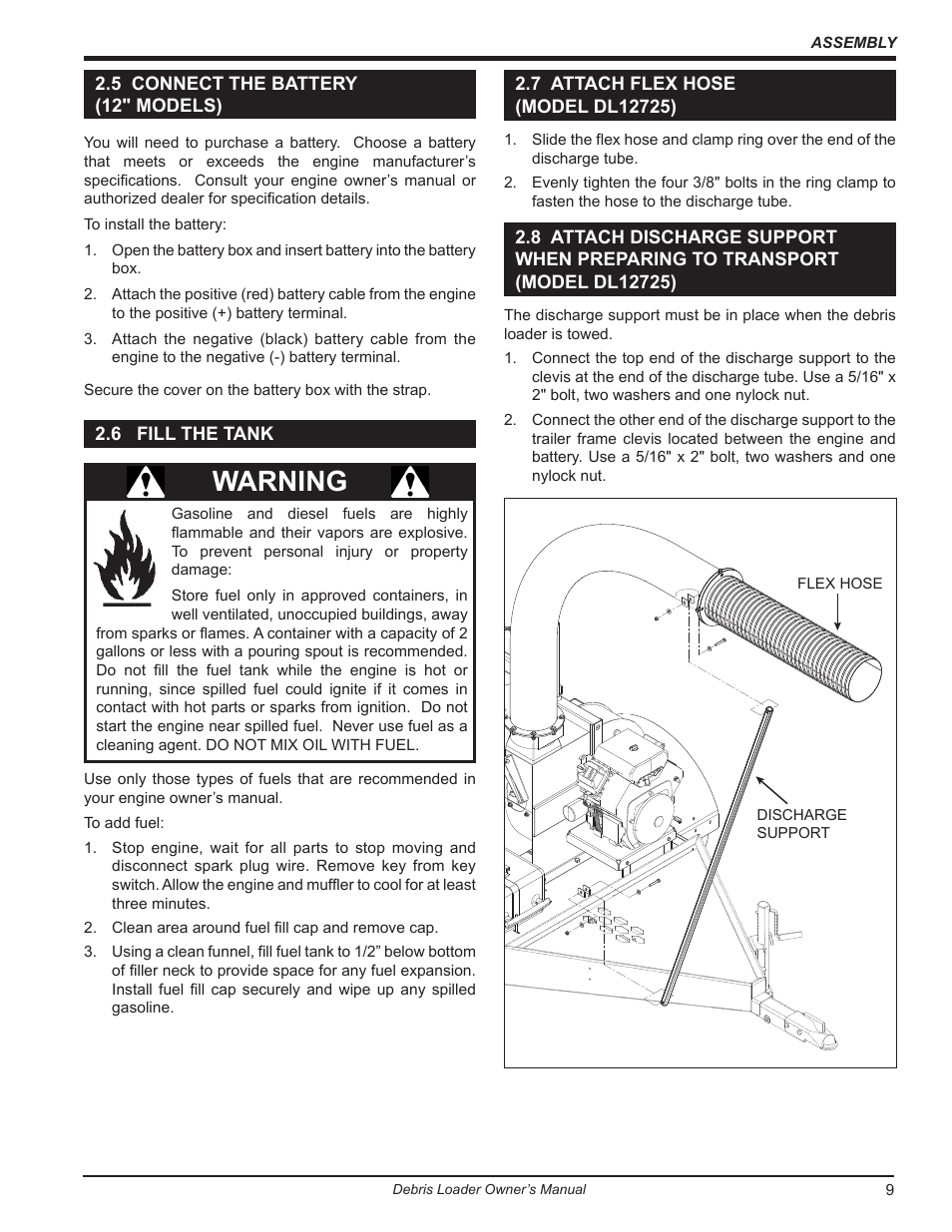 5 connect the battery (12" models), 6 fill the tank, 7 attach flex hose (model dl12725) | Dl12725), Warning | Echo DL10570 Owners Manual v.2 User Manual | Page 13 / 27