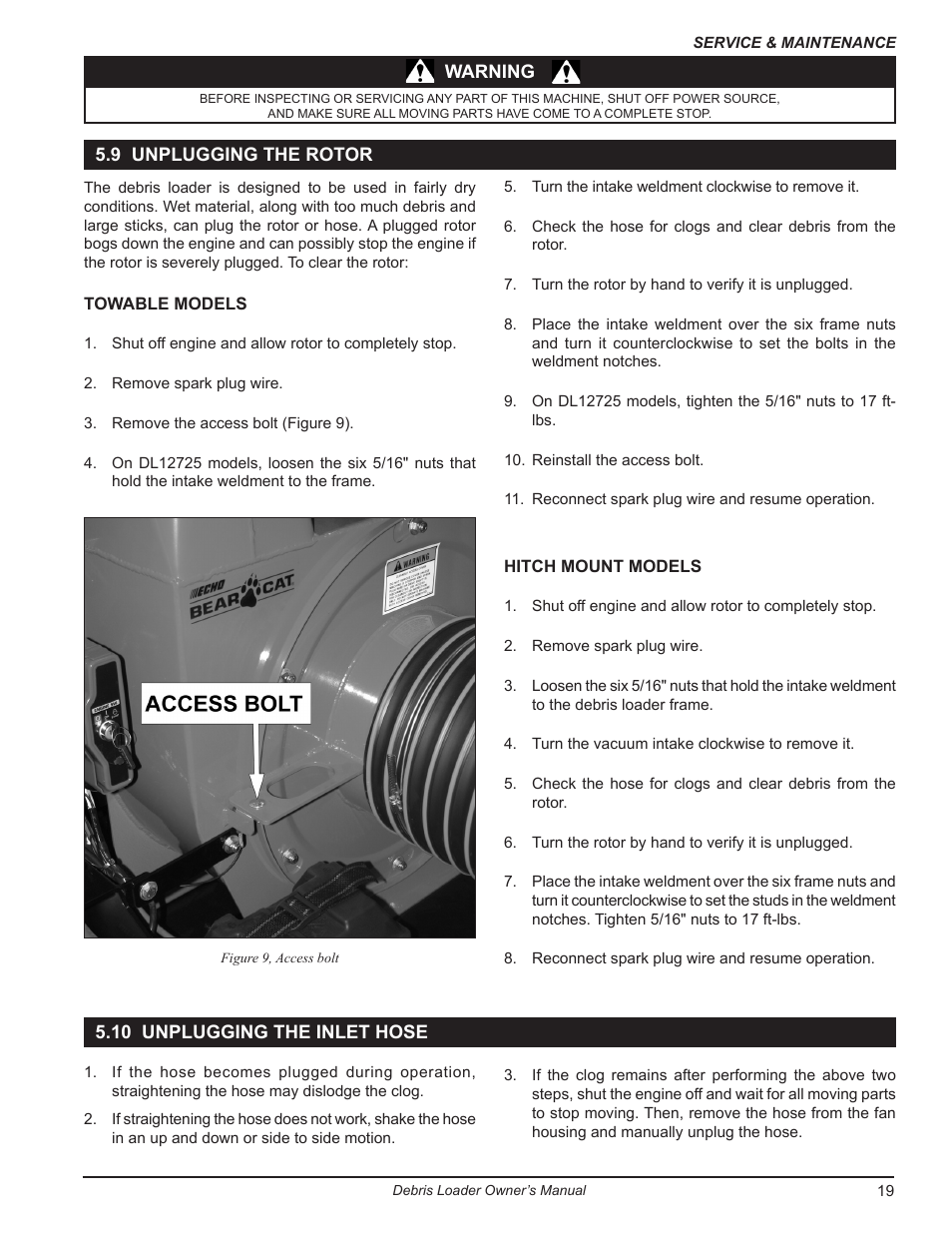 9 unplugging the rotor, 10 unplugging the inlet hose | Echo DL10570 Owners Manual v.2 User Manual | Page 23 / 27