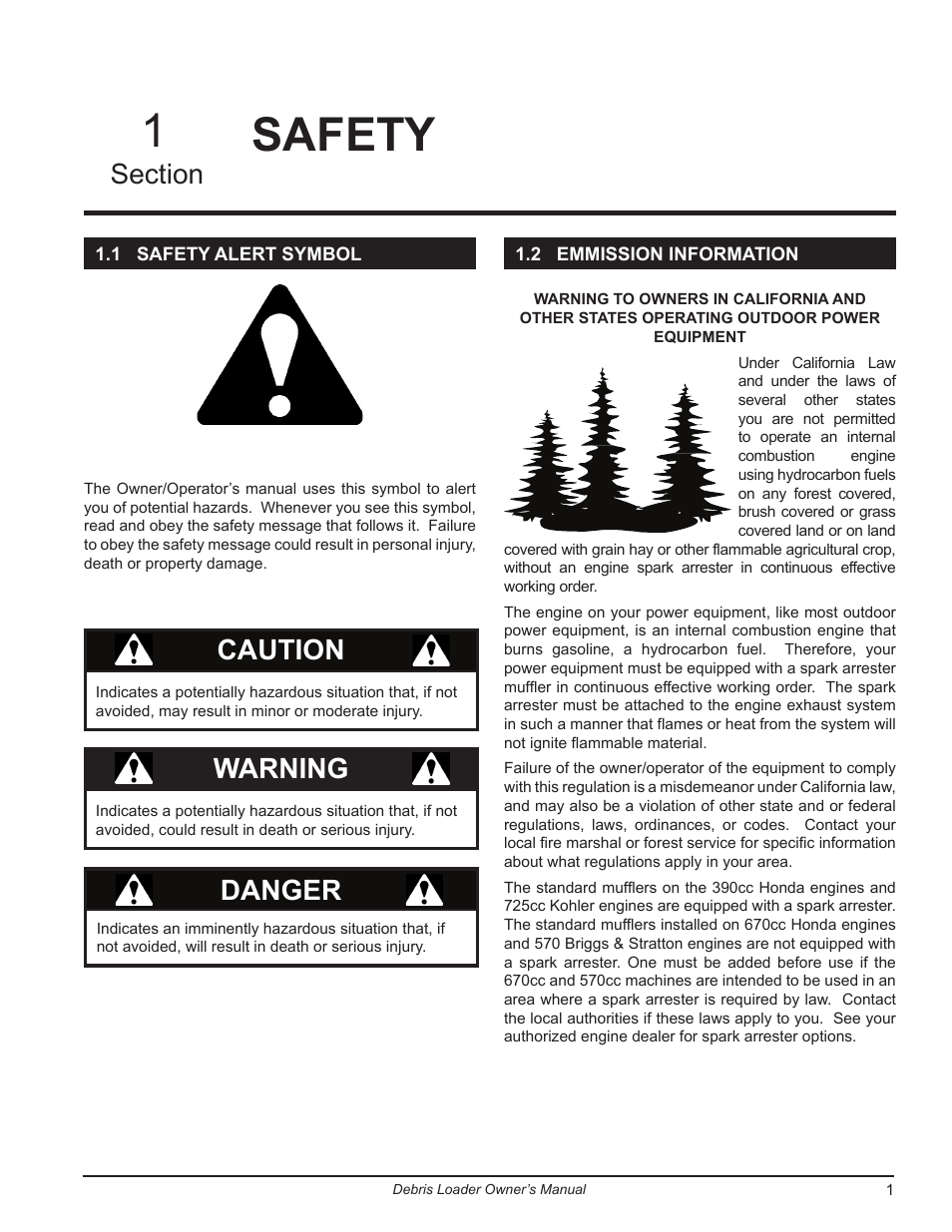 Safety, 1 safety alert symbol, 2 emmission information | 1 safety alert symbol 1.2 emmission information, Caution, Danger, Warning | Echo DL10570 Owners Manual v.2 User Manual | Page 5 / 27