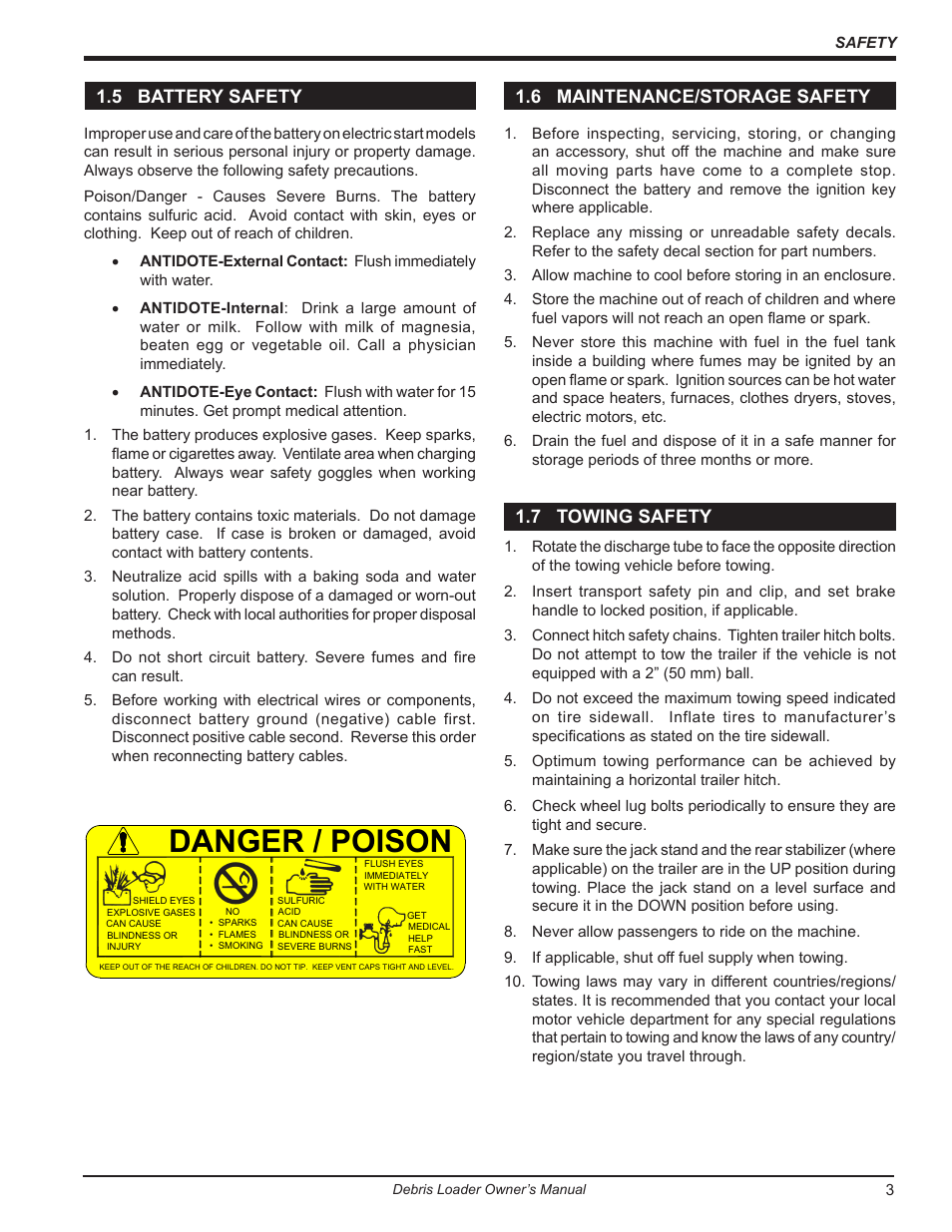 5 battery safety, 6 maintenance/storage safety, 7 towing safety | Danger / poison | Echo DL10570 Owners Manual v.2 User Manual | Page 7 / 27