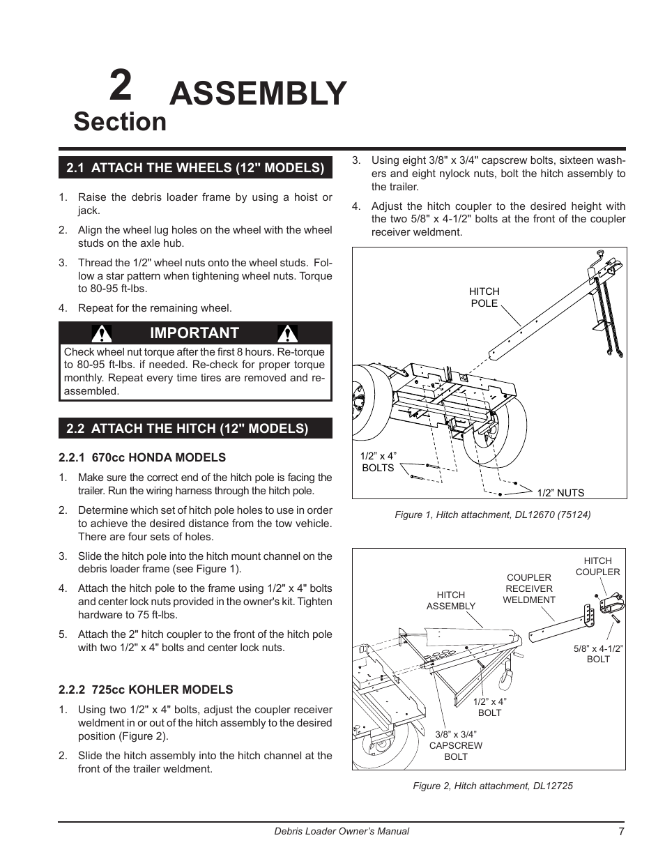 Assembly, 1 attach the wheels (12" models), 2 attach the hitch (12" models) | Important | Echo DL10570 Owners Manual v.1 User Manual | Page 11 / 28