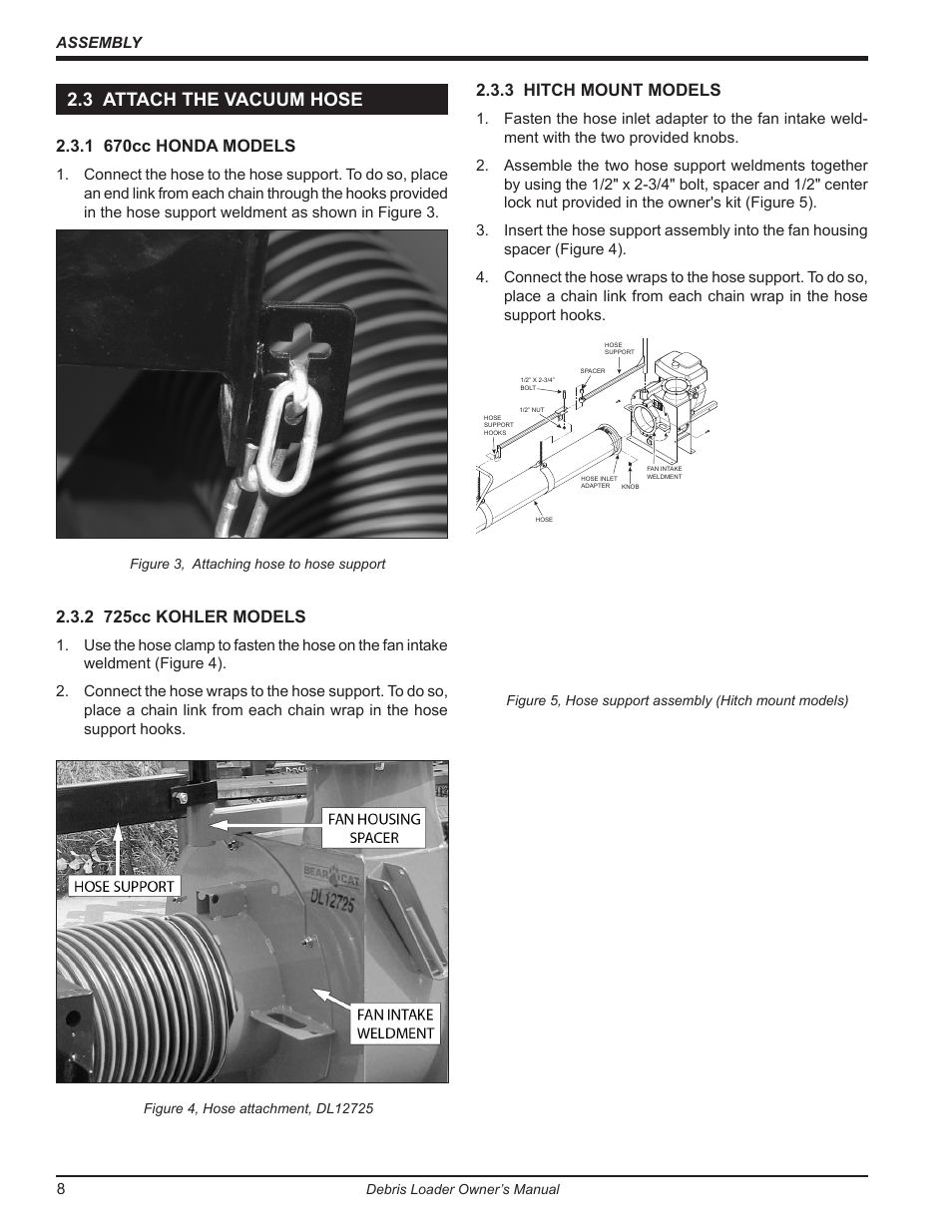 3 attach the vacuum hose, 1 670cc honda models, 2 725cc kohler models | 3 hitch mount models | Echo DL10570 Owners Manual v.1 User Manual | Page 12 / 28