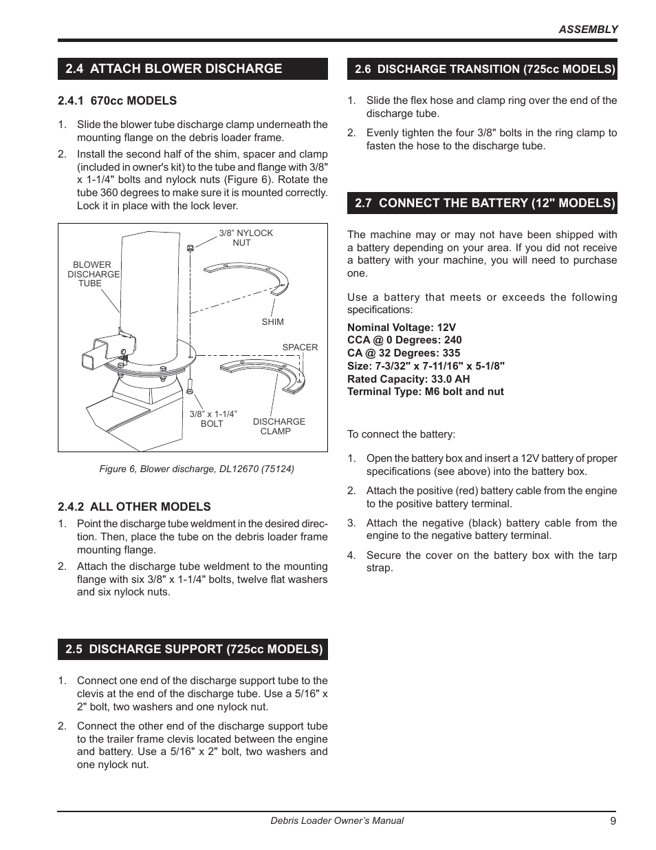 4 attach blower discharge, 5 discharge support (725cc models), 6 discharge transition (725cc models) | 7 connect the battery (12" models) | Echo DL10570 Owners Manual v.1 User Manual | Page 13 / 28