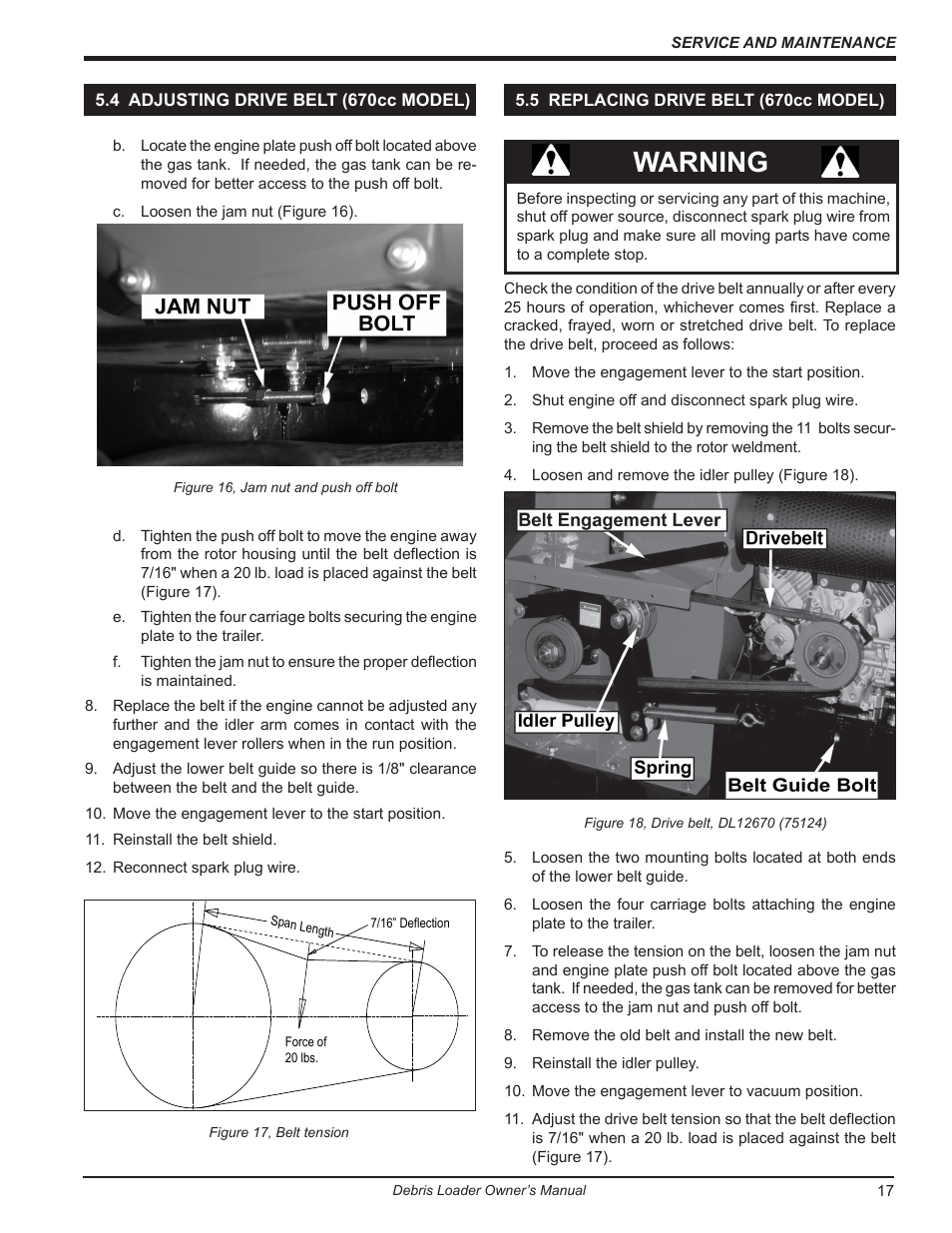4 adjusting drive belt (670cc model), 5 replacing drive belt (670cc model), Warning | Echo DL10570 Owners Manual v.1 User Manual | Page 21 / 28
