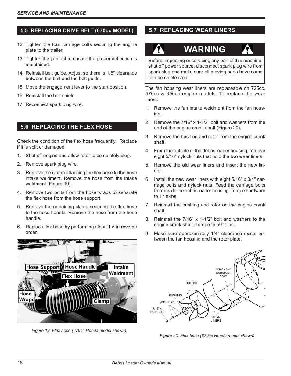 5 replacing drive belt (670cc model), 6 replacing the flex hose, 7 replacing wear liners | Warning | Echo DL10570 Owners Manual v.1 User Manual | Page 22 / 28