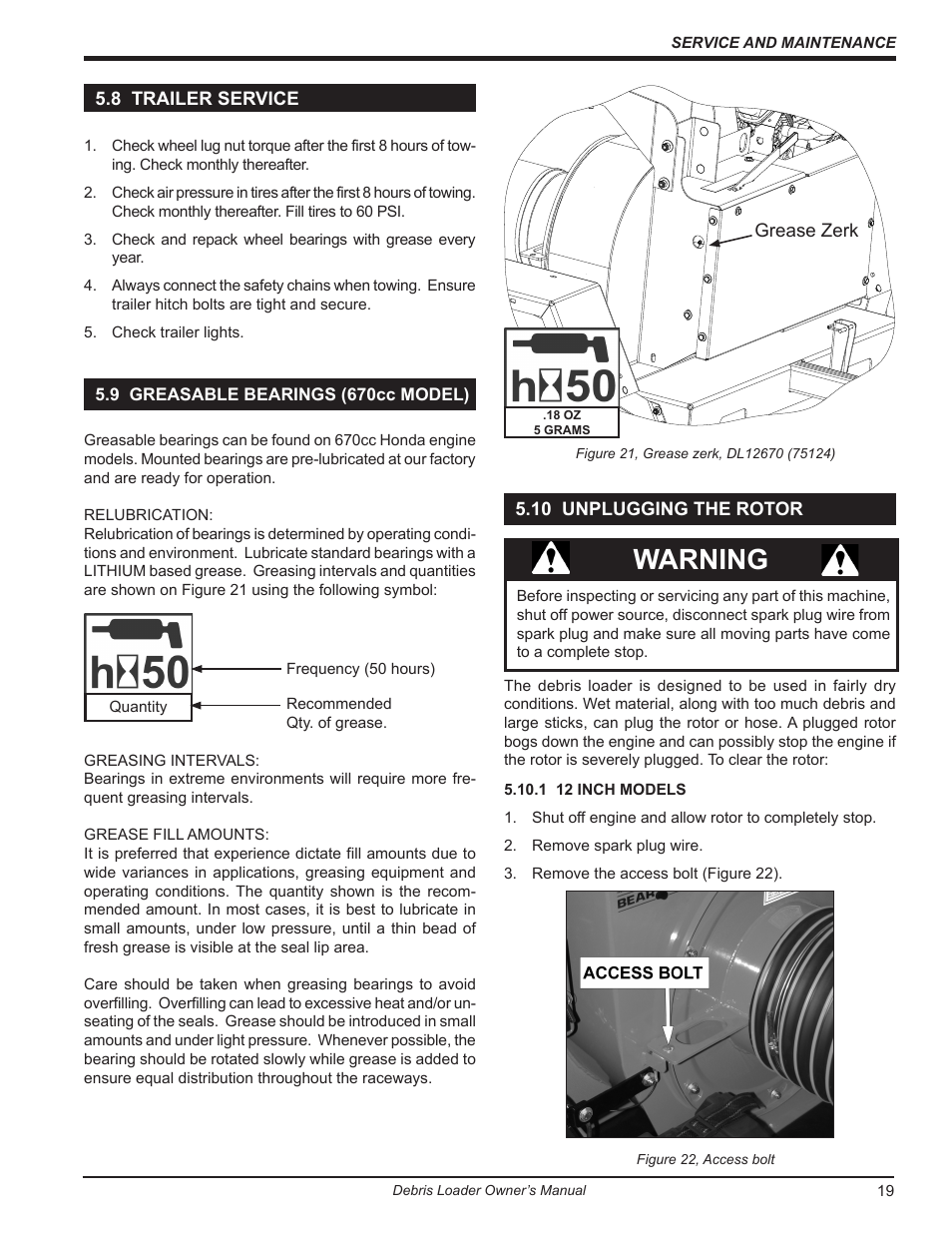 8 trailer service, 9 greasable bearings (670cc model), 10 unplugging the rotor | Warning | Echo DL10570 Owners Manual v.1 User Manual | Page 23 / 28