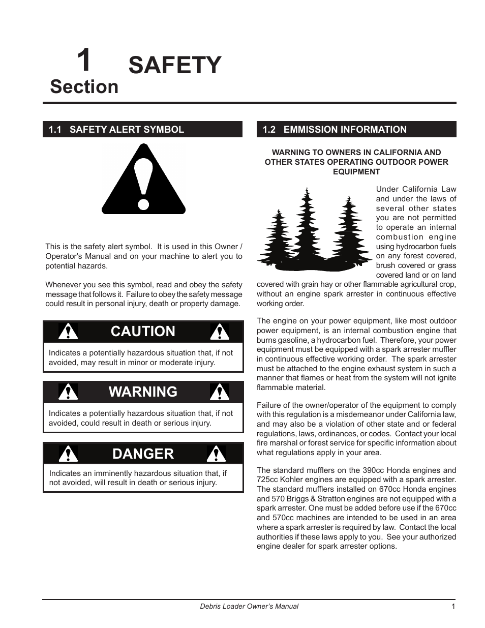 Safety, 1 safety alert symbol, 2 emmission information | Caution, Danger, Warning | Echo DL10570 Owners Manual v.1 User Manual | Page 5 / 28