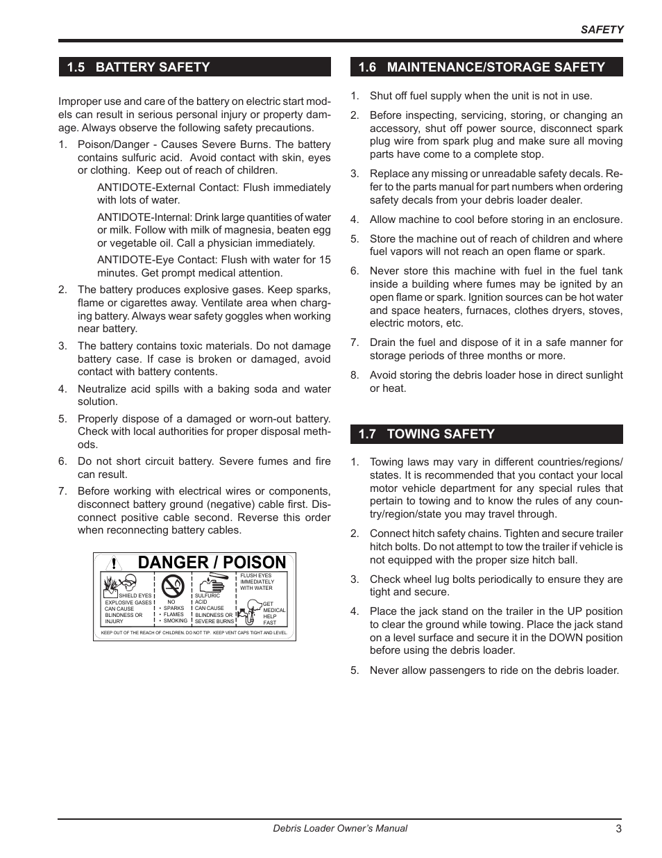 5 battery safety, 6 maintenance/storage safety, 7 towing safety | Danger / poison | Echo DL10570 Owners Manual v.1 User Manual | Page 7 / 28
