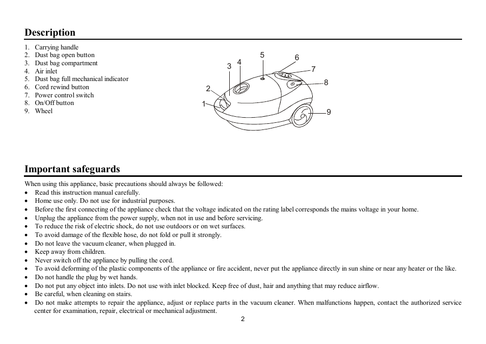 Description, Important safeguards | Hyundai H-VC1082 User Manual | Page 2 / 9