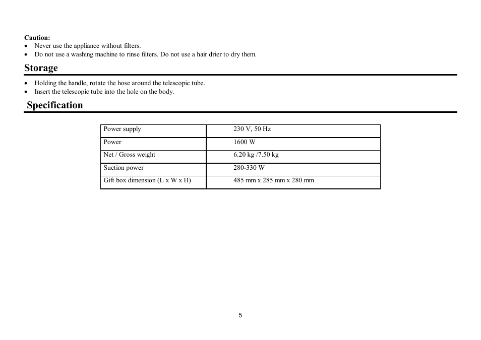 Storage, Specification | Hyundai H-VC1082 User Manual | Page 5 / 9