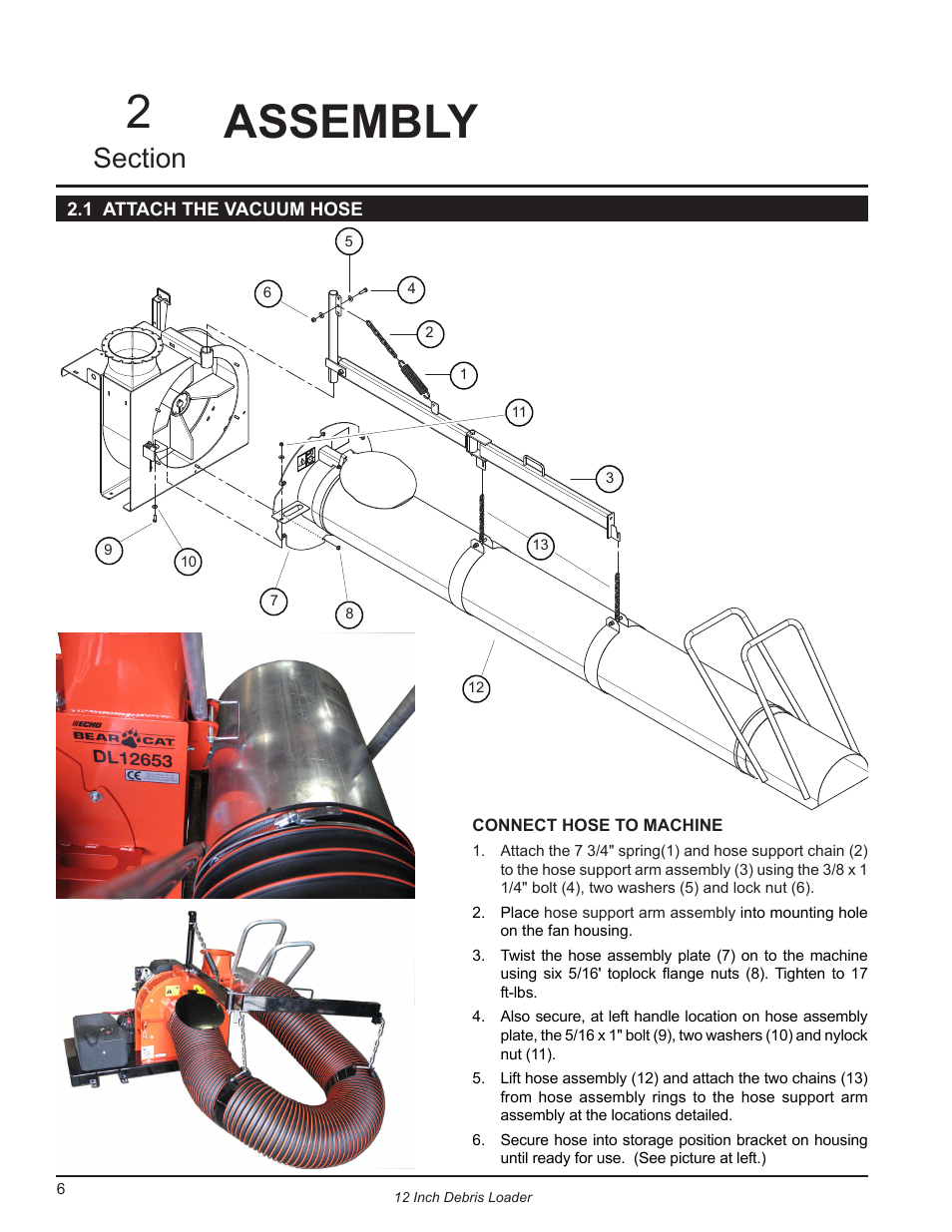 Assembly, 1 attach the vacuum hose | Echo DL12653 Owners Manual v.2 User Manual | Page 10 / 25