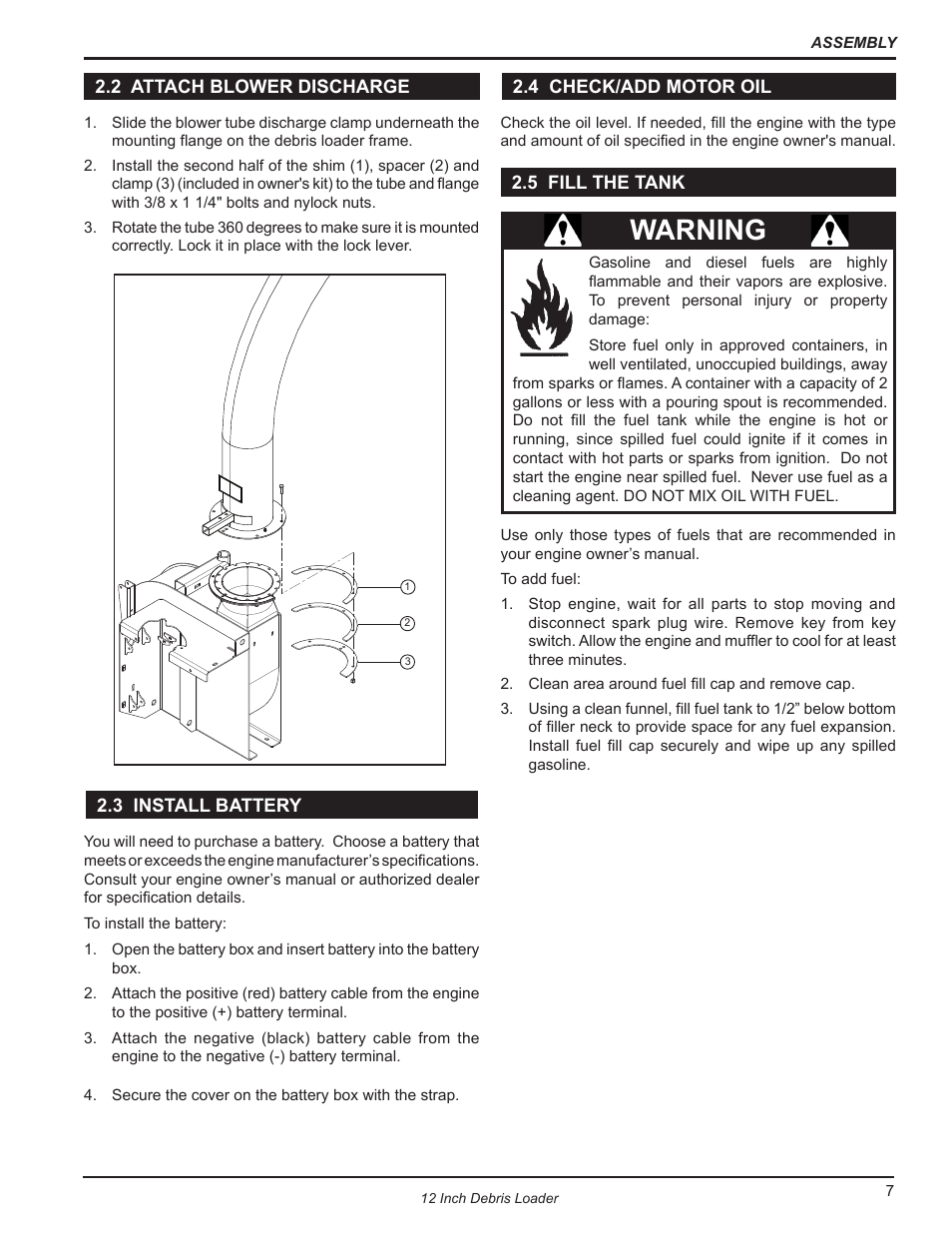 2 attach blower discharge, 3 install battery, 4 check/add motor oil | 5 fill the tank, Warning | Echo DL12653 Owners Manual v.2 User Manual | Page 11 / 25