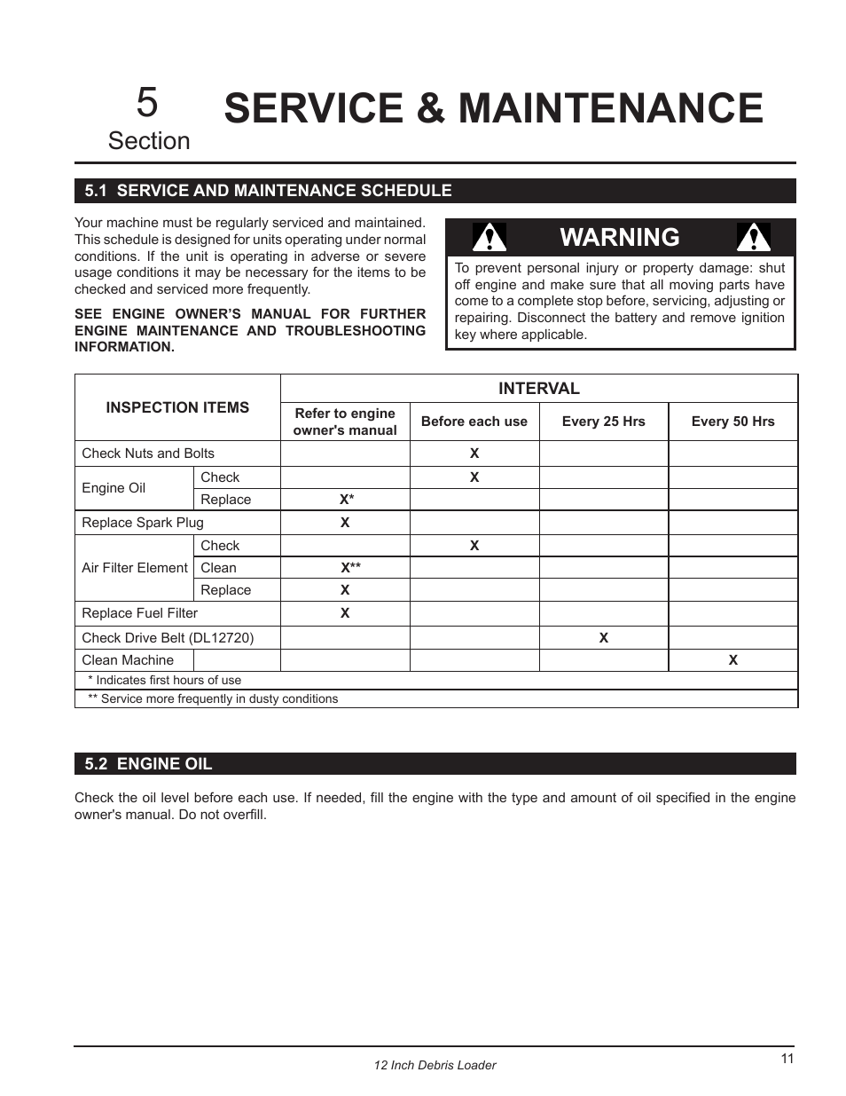 Service & maintenance, 1 service and maintenance schedule, 2 engine oil | 1 service and maintenance schedule 5.2 engine oil, Service & maintenance 5, Warning | Echo DL12653 Owners Manual v.2 User Manual | Page 15 / 25