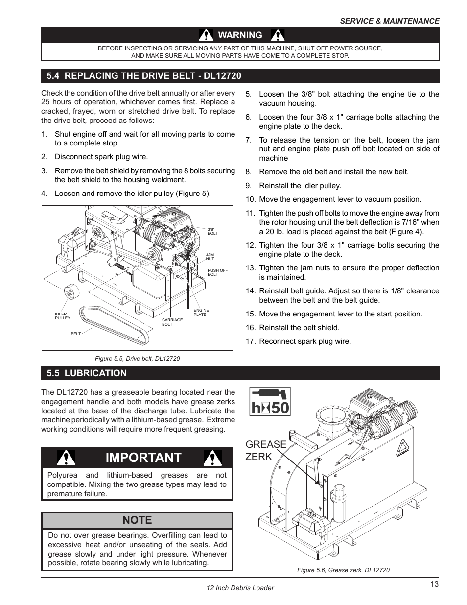 4 replacing the drive belt - dl12720, 5 lubrication, Important | Grease zerk, Warning | Echo DL12653 Owners Manual v.2 User Manual | Page 17 / 25