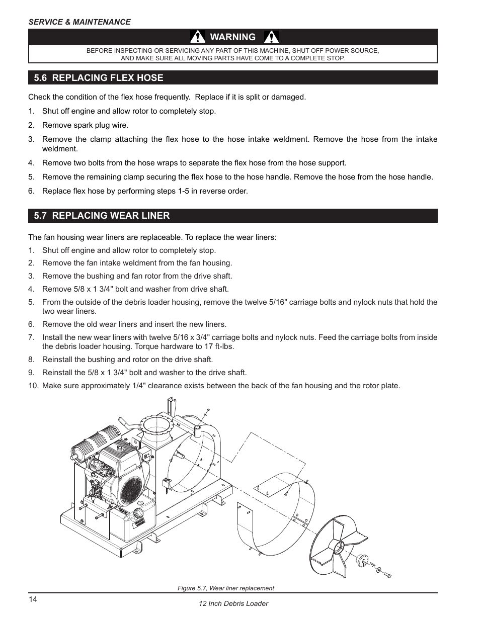 6 replacing flex hose, 7 replacing wear liner, 6 replacing flex hose 5.7 replacing wear liner | Echo DL12653 Owners Manual v.2 User Manual | Page 18 / 25