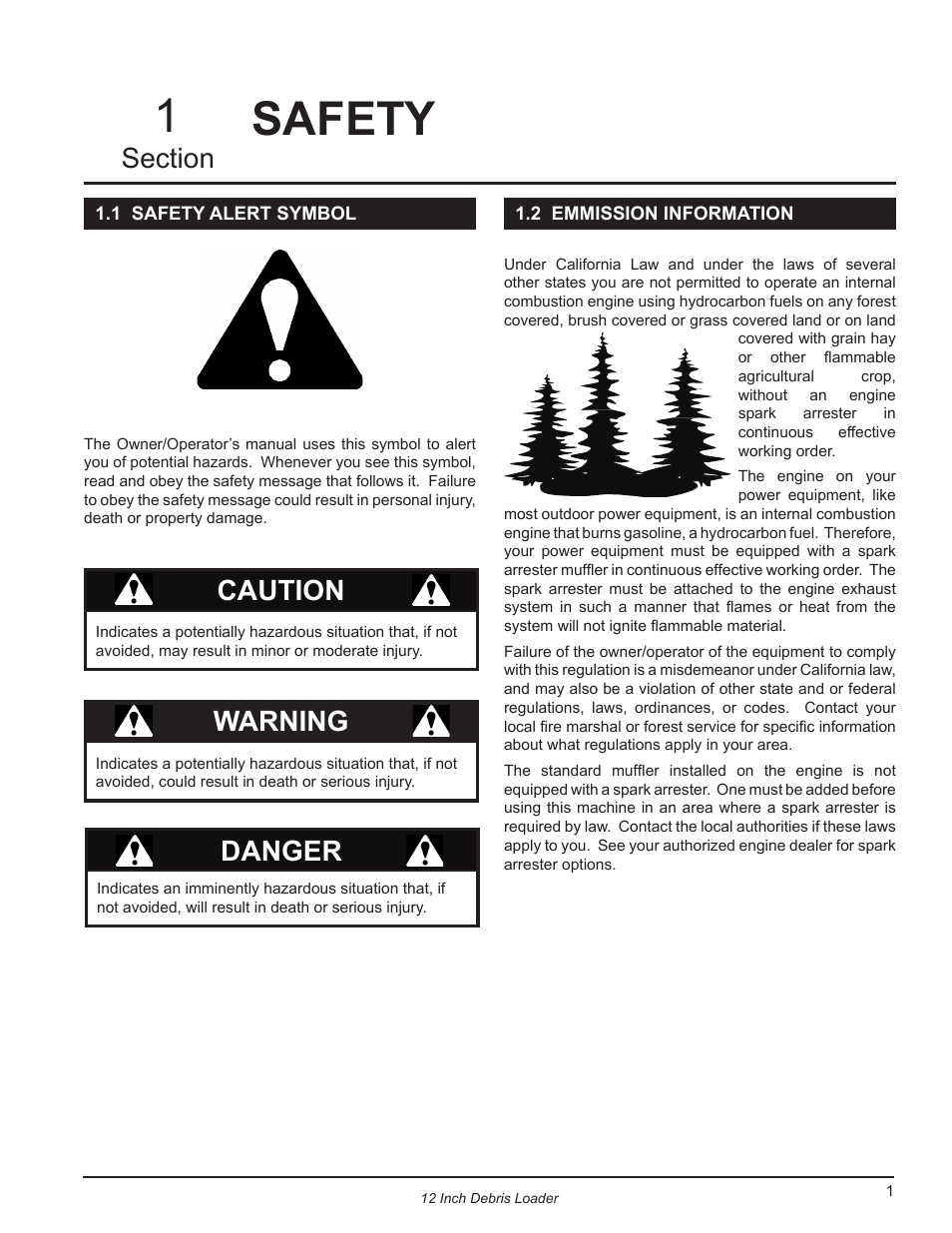 Safety, 1 safety alert symbol, 2 emmission information | 1 safety alert symbol 1.2 emmission information, Safety 1, Caution, Danger, Warning | Echo DL12653 Owners Manual v.2 User Manual | Page 5 / 25