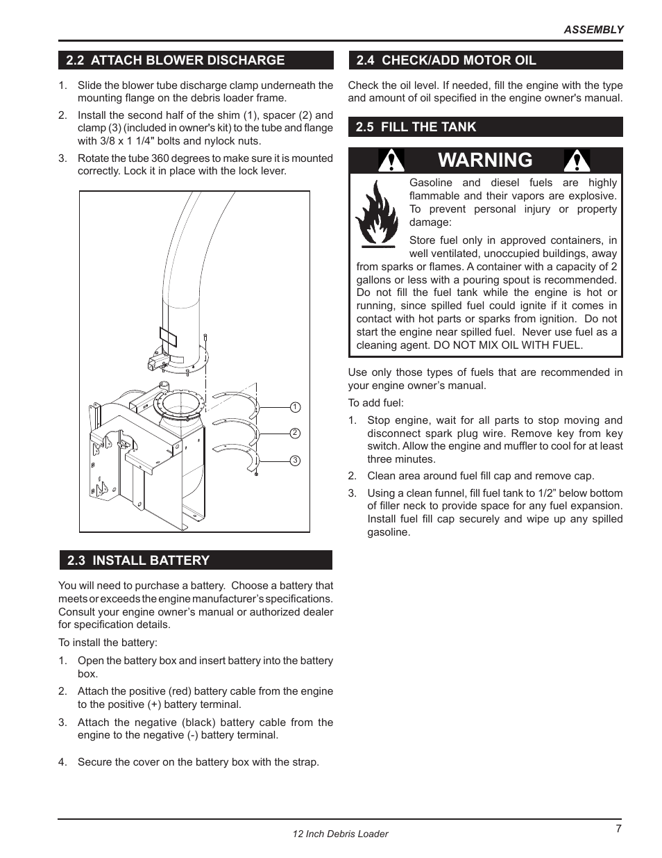 2 attach blower discharge, 3 install battery, 4 check/add motor oil | 5 fill the tank, Warning | Echo DL12653 Owners Manual v.1 User Manual | Page 11 / 24