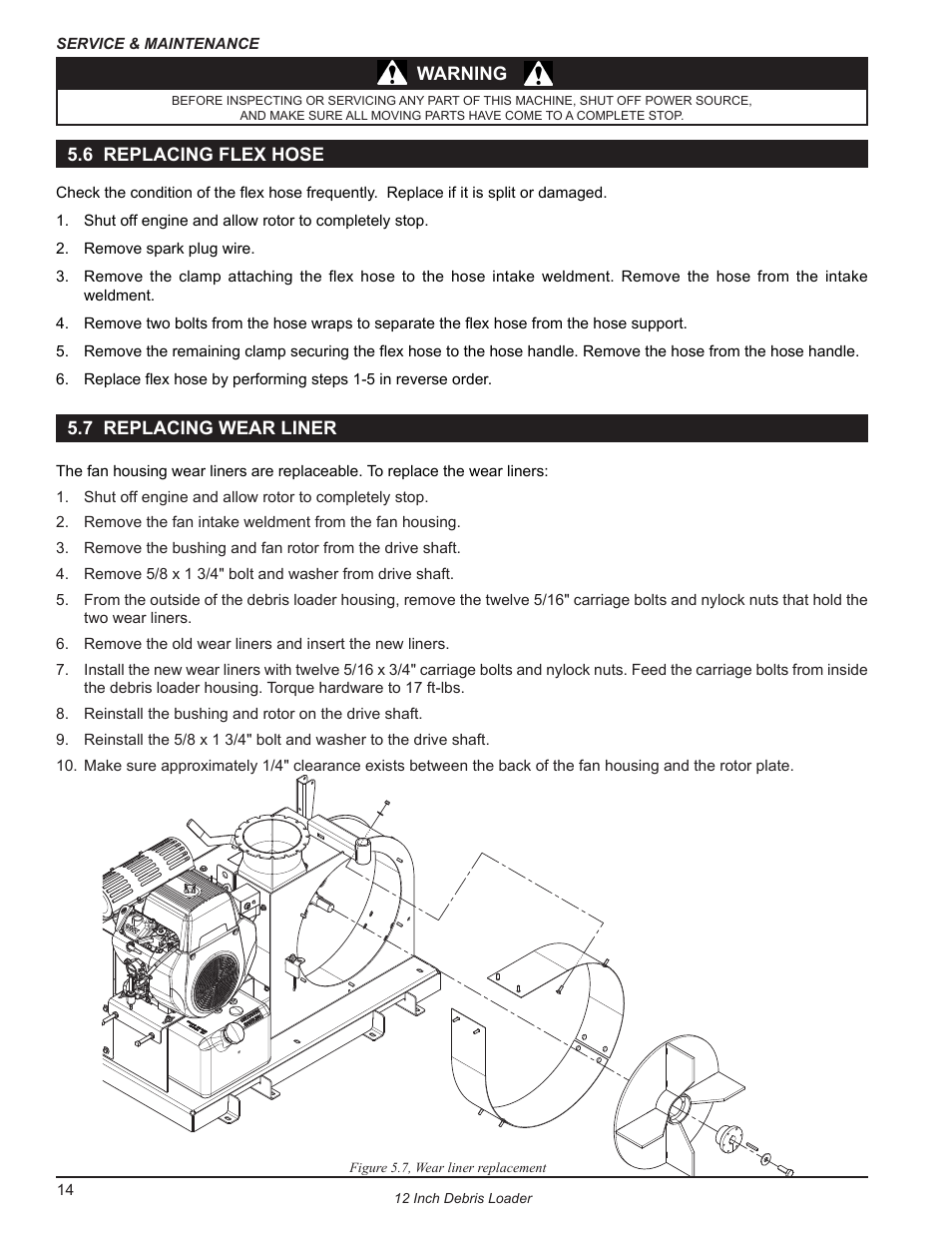 6 replacing flex hose, 7 replacing wear liner, 6 replacing flex hose 5.7 replacing wear liner | Echo DL12653 Owners Manual v.1 User Manual | Page 18 / 24