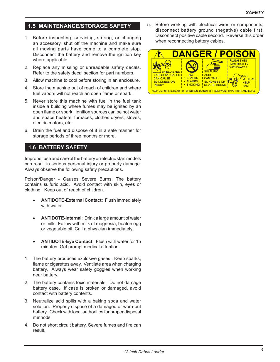 5 maintenance/storage safety, 6 battery safety, 5 maintenance/storage safety 1.6 battery safety | Danger / poison, 6 battery safety 1.5 maintenance/storage safety | Echo DL12653 Owners Manual v.1 User Manual | Page 7 / 24