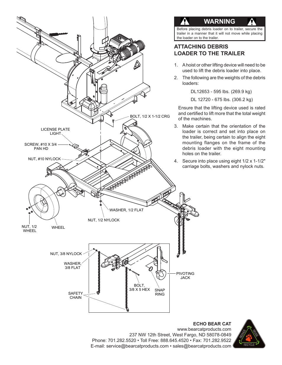 Warning, Attaching debris loader to the trailer | Echo DL12653 Instruction v.3 User Manual | Page 2 / 2