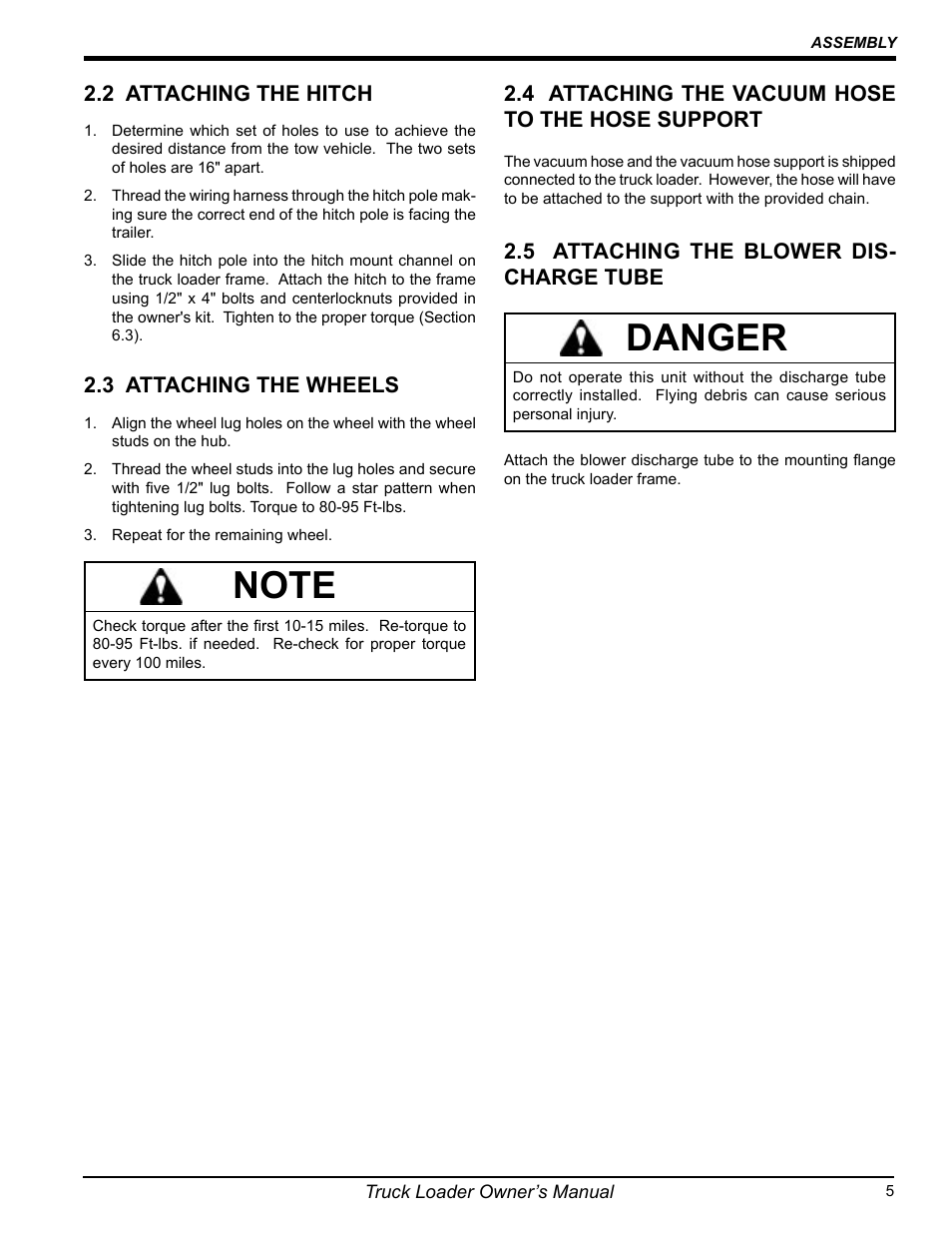 Danger, 2 attaching the hitch, 3 attaching the wheels | 4 attaching the vacuum hose to the hose support, 5 attaching the blower dis- charge tube | Echo 75124 User Manual | Page 11 / 28