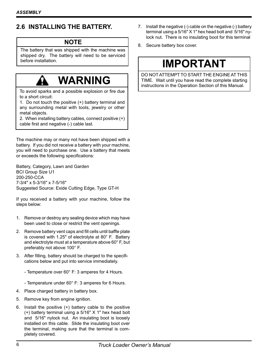 Important, Warning, 6 installing the battery | Echo 75124 User Manual | Page 12 / 28