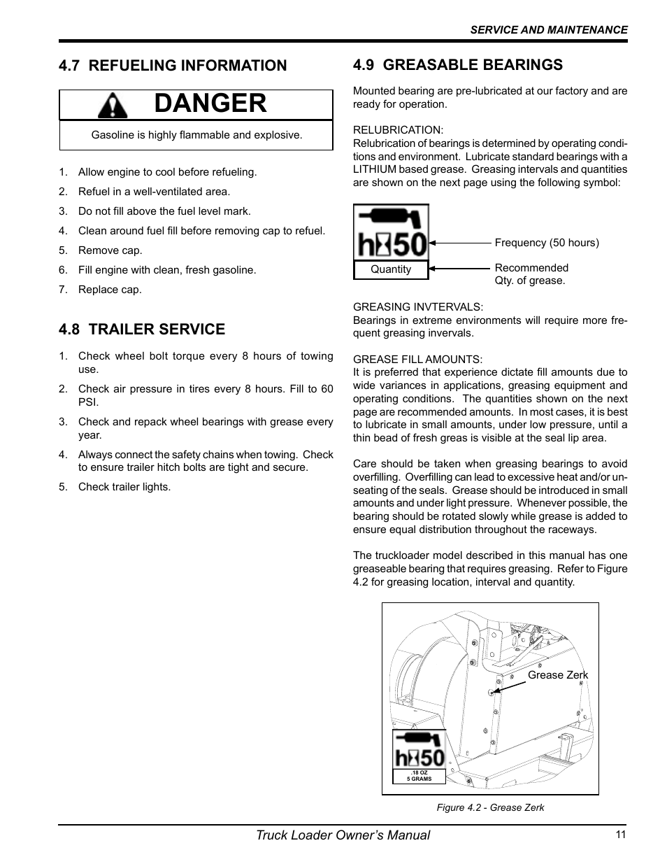 Danger, 8 trailer service, 7 refueling information | 9 greasable bearings | Echo 75124 User Manual | Page 17 / 28