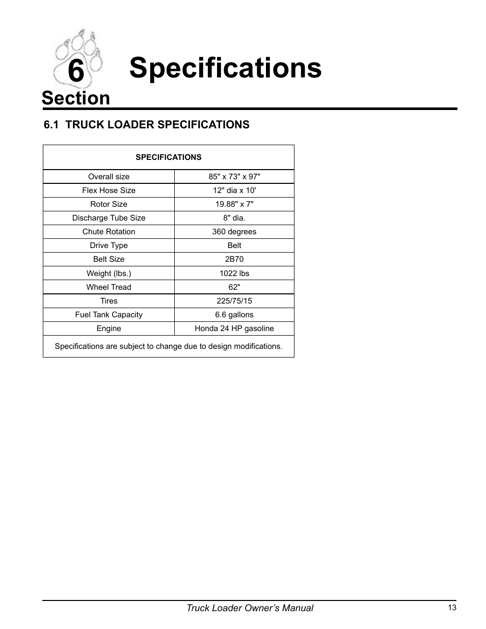 Specifications | Echo 75124 User Manual | Page 19 / 28