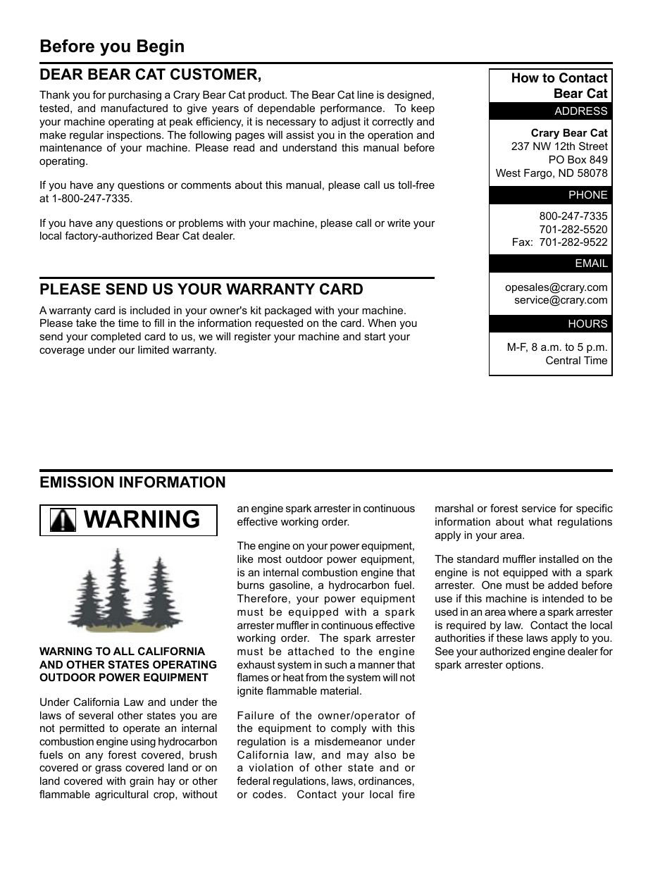 Warning, Before you begin, Dear bear cat customer | Please send us your warranty card, Emission information | Echo 75124 User Manual | Page 2 / 28