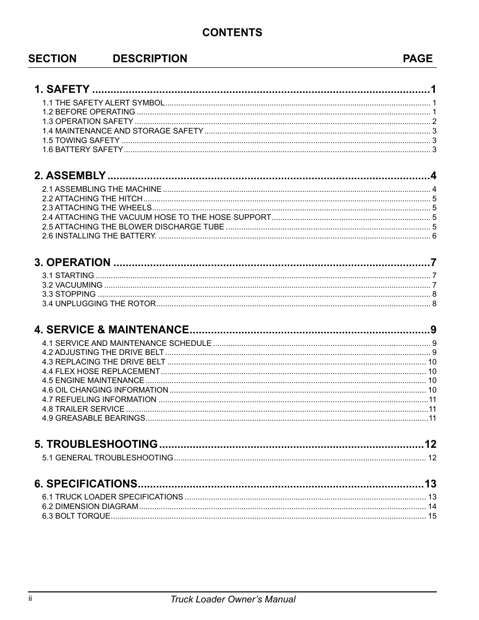 Assembly, Operation, Service & maintenance | Troubleshooting, Specifications | Echo 75124 User Manual | Page 4 / 28