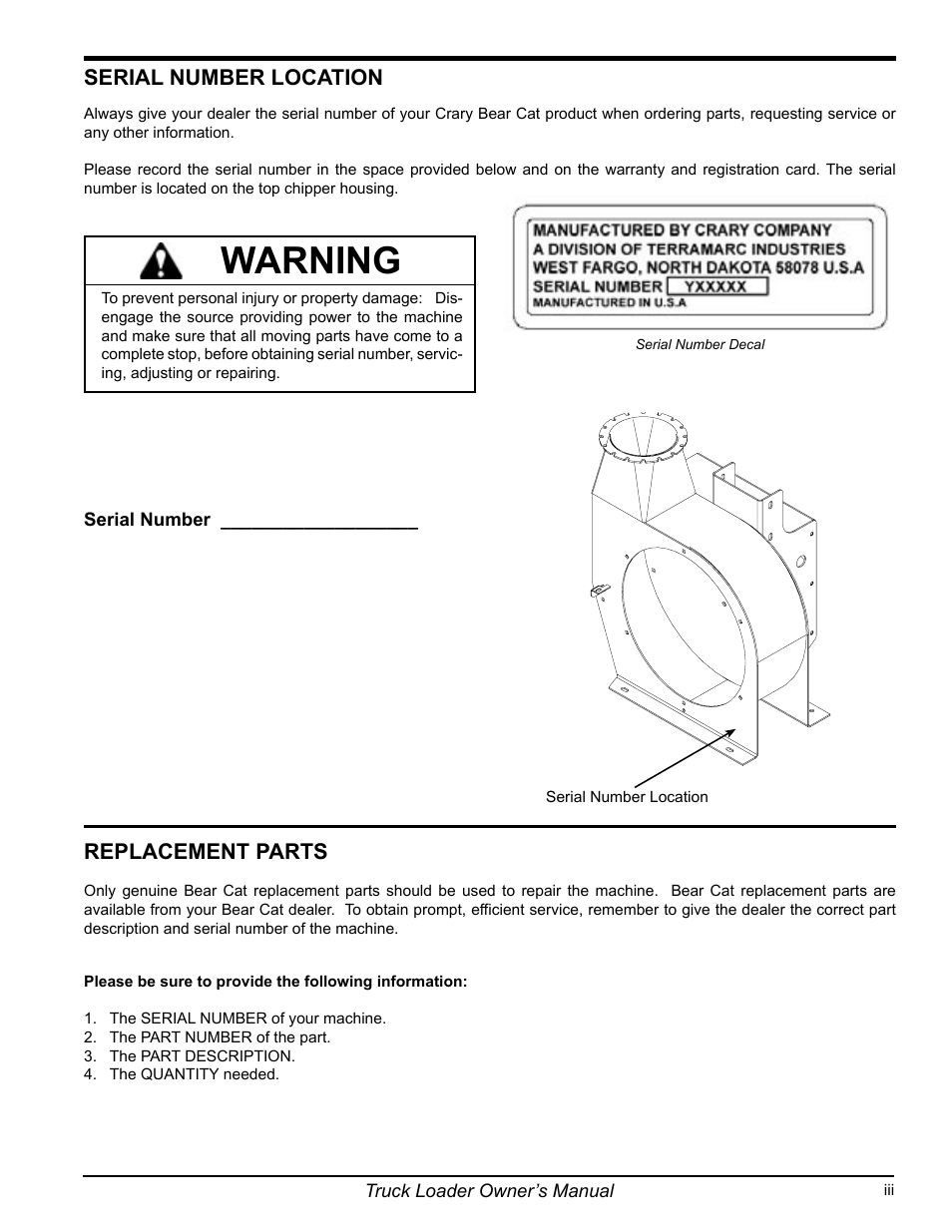 Warning, Replacement parts, Serial number location | Echo 75124 User Manual | Page 5 / 28