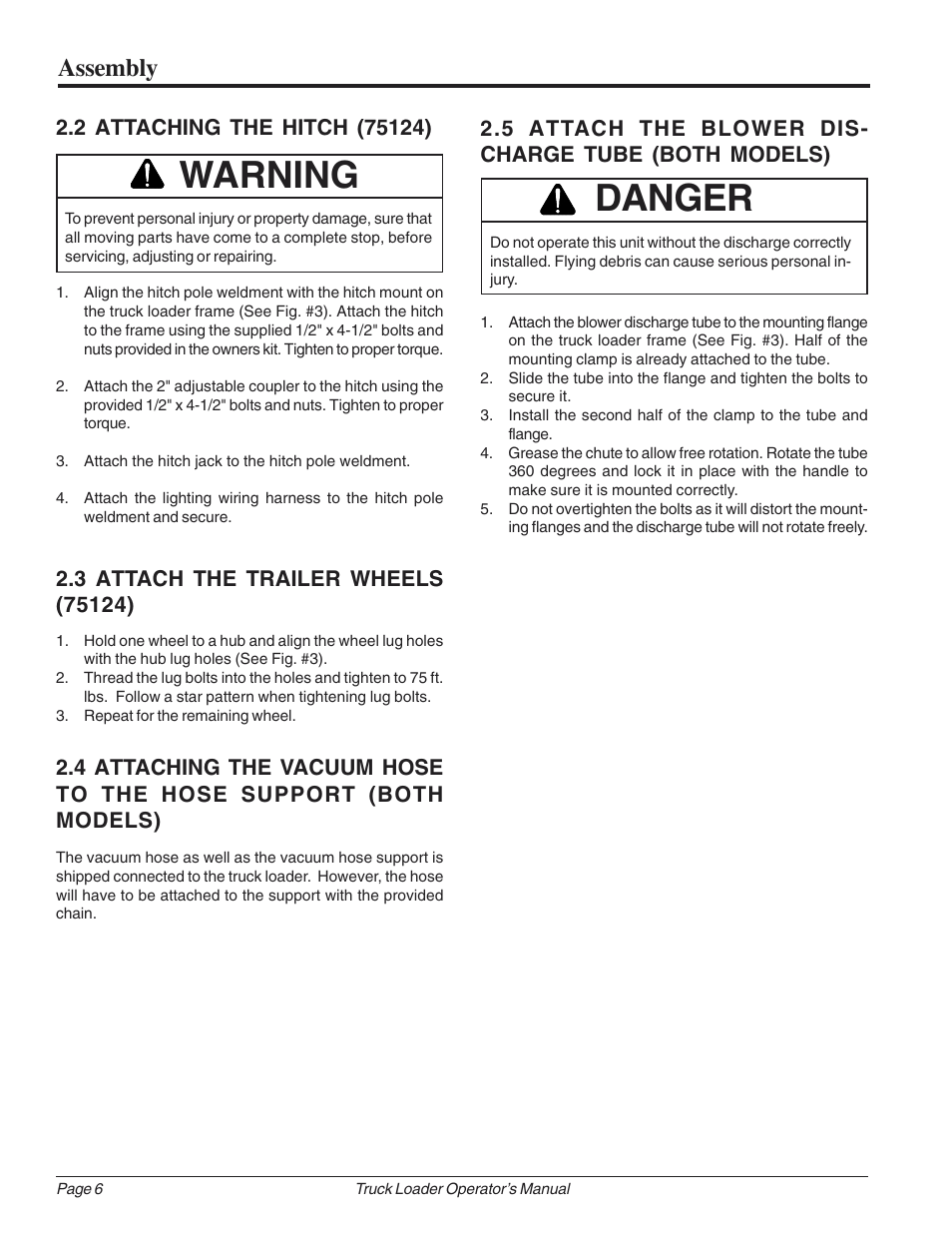 Danger, Warning, Assembly | 5 attach the blower dis- charge tube (both models) | Echo 73724 User Manual | Page 10 / 20