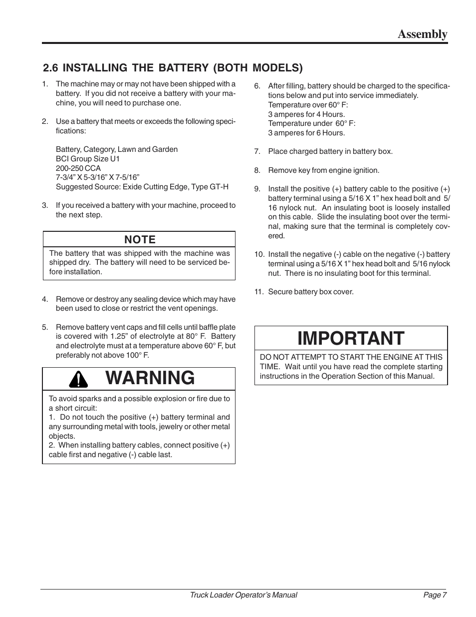 Important, Warning, Assembly | 6 installing the battery (both models) | Echo 73724 User Manual | Page 11 / 20
