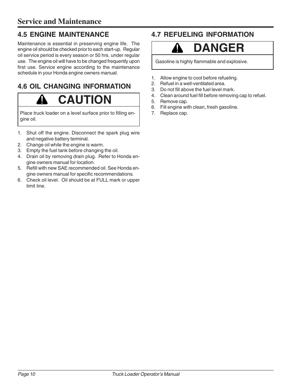 Caution, Danger, Service and maintenance | 5 engine maintenance 4.6 oil changing information, 7 refueling information | Echo 73724 User Manual | Page 14 / 20