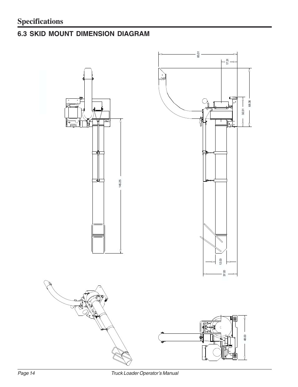 Specifications, 3 skid mount dimension diagram, Page 14 truck loader operator’s manual | Echo 73724 User Manual | Page 18 / 20