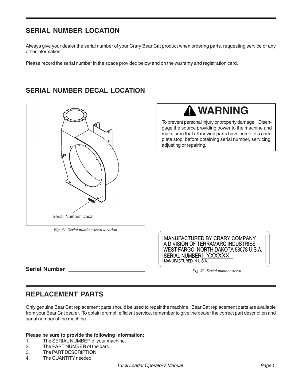 Warning, Serial number location, Replacement parts | Serial number decal location | Echo 73724 User Manual | Page 5 / 20