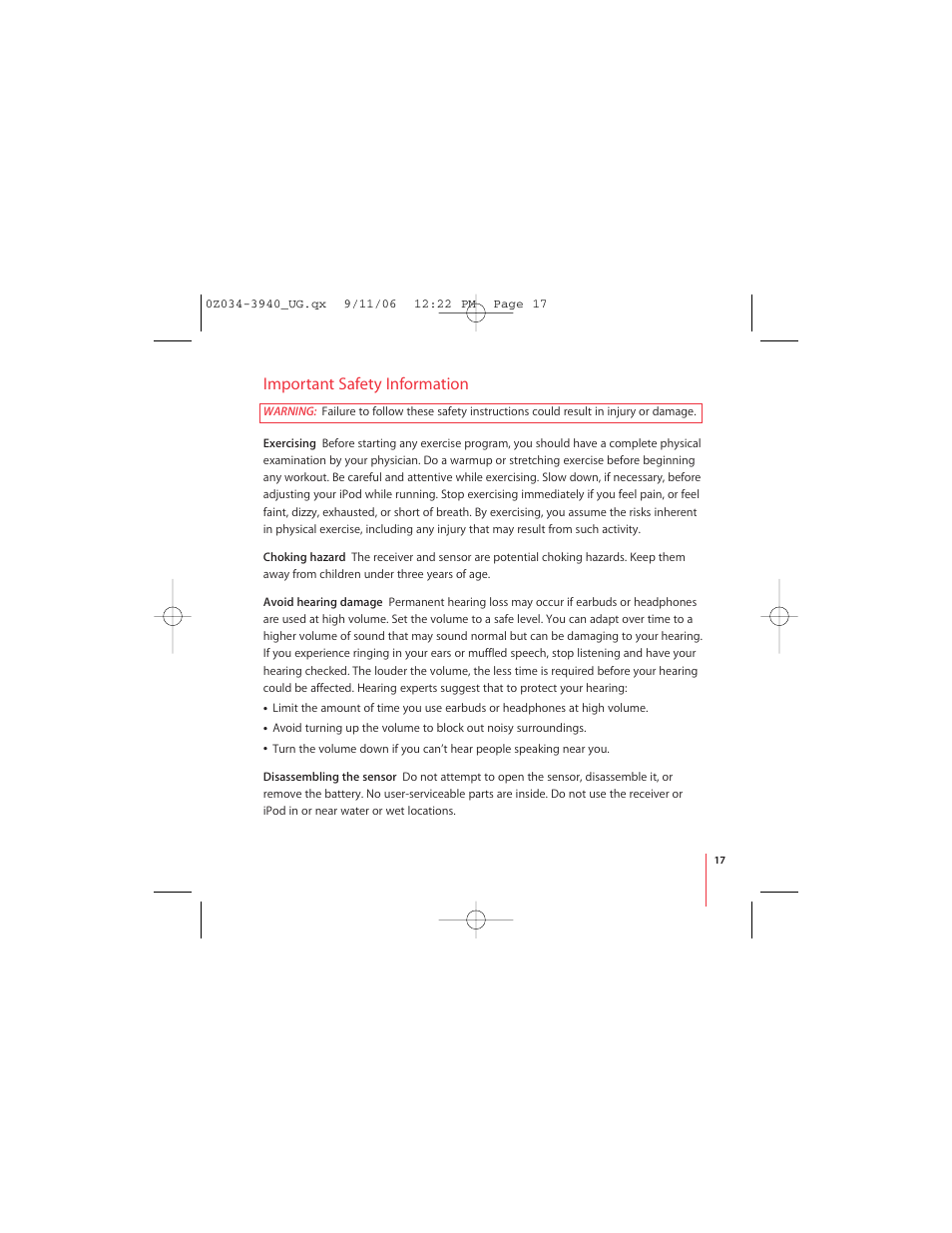 Important safety information | Apple Nike + iPod User Manual | Page 17 / 72