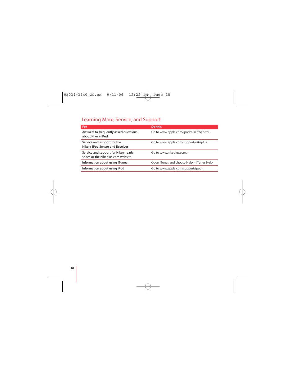 Learning more, service, and support | Apple Nike + iPod User Manual | Page 18 / 72
