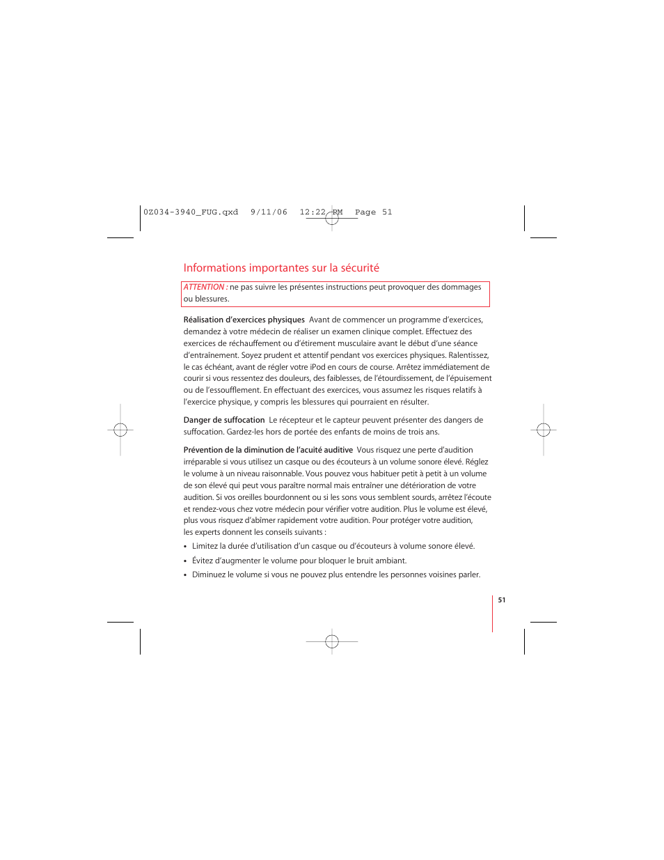 Informations importantes sur la sécurité | Apple Nike + iPod User Manual | Page 51 / 72