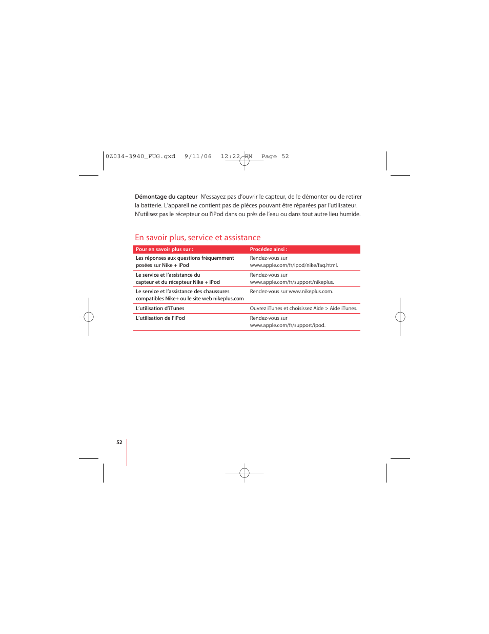 En savoir plus, service et assistance | Apple Nike + iPod User Manual | Page 52 / 72
