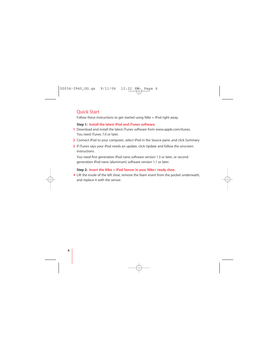 Quick start | Apple Nike + iPod User Manual | Page 6 / 72