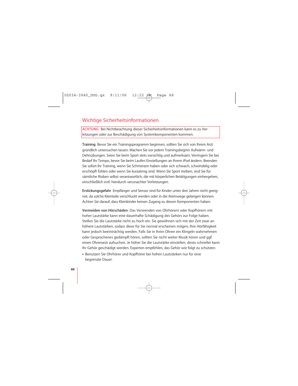 Wichtige sicherheitsinformationen | Apple Nike + iPod User Manual | Page 68 / 72
