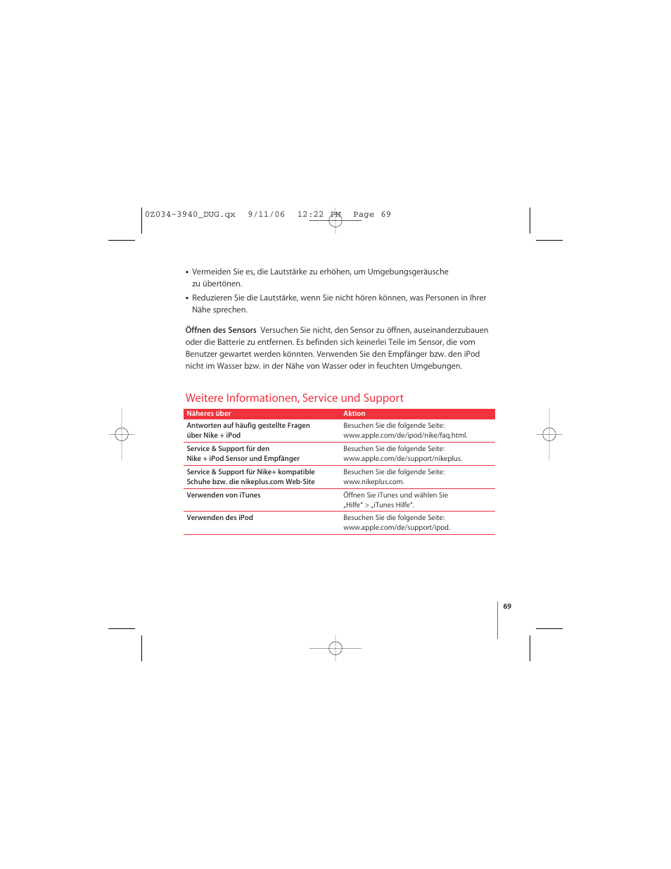 Weitere informationen, service und support | Apple Nike + iPod User Manual | Page 69 / 72